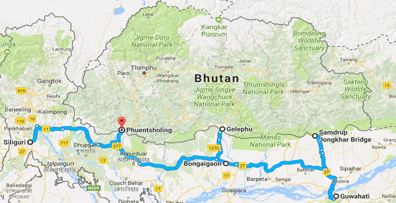 India to Bhutan road tour route map