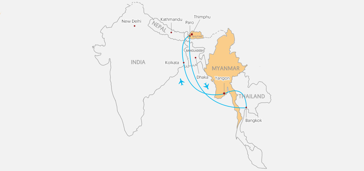 Bhutan Myanmar Travel Map