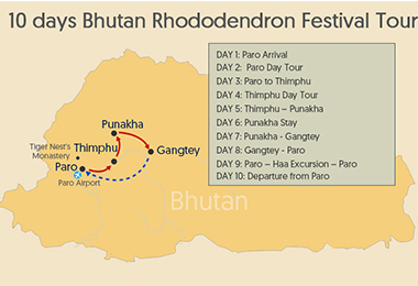 10 days Bhutan Rhododendron Festival Tour Map