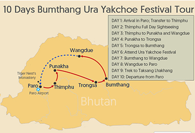 10 Days Bumthang Ura Yakchoe Festival Tour Map