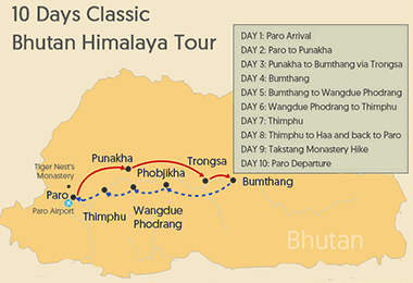 10 Days Classic Bhutan Himalaya Tour Map