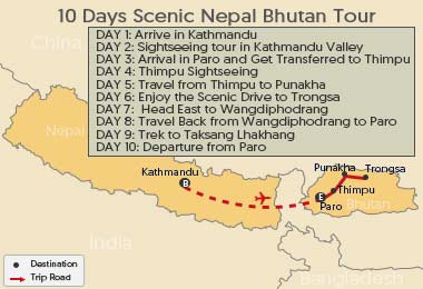 10 Days Scenic Nepal Bhutan Tour Map