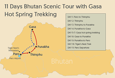 11 Days Bhutan Scenic Tour with Gasa Hot Spring Trekking