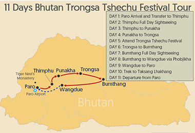 11 Days Bhutan Trongsa Tshechu Festival Tour Map