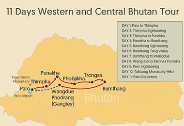 11 Days Western and Central Bhutan Tour Map