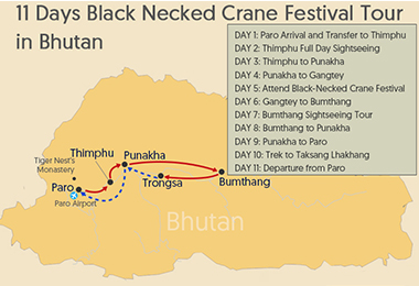 11 Days Black Necked Crane Festival Tour in Bhutan Map