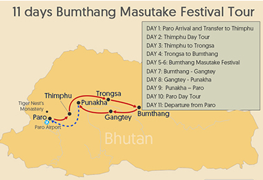 11 days Bumthang Masutake Festival Tour Map