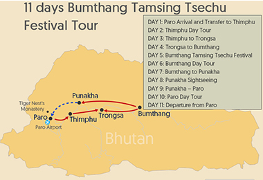 11 days Bumthang Tamsing Tsechu Festival Tour Map