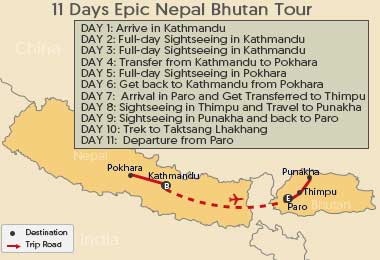 11 Days Epic Nepal Bhutan Tour Map