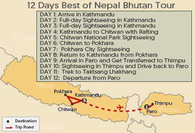 12 Days Best of Nepal Bhutan Tour Map