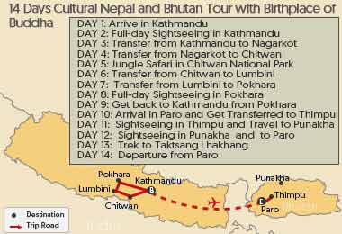 14 Days Cultural Nepal and Bhutan Tour with Birthplace of Buddha Map