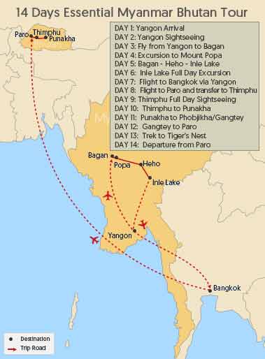 14 Days Essential Myanmar Bhutan Tour Map