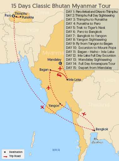 15 Days Classic Bhutan Myanmar Tour Map