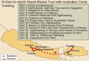 16 Days In-depth Nepal Bhutan Tour with Australian Camp Trekking Map