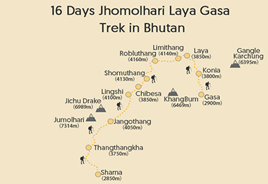 16 Days Jhomolhari Laya Gasa Trek in Bhutan Map