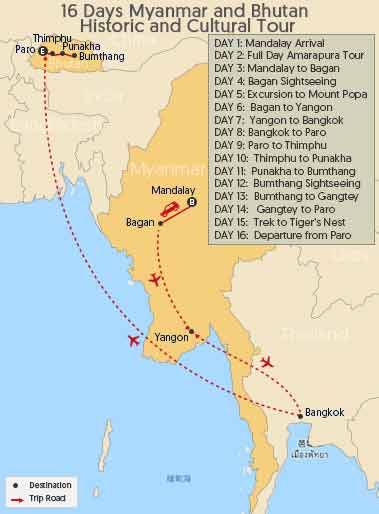 16 Days Myanmar and Bhutan Historic and Cultural Tour Map