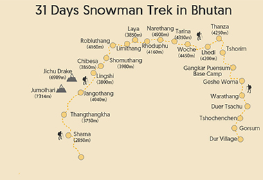 31 Days Snowman Trek in Bhutan Map