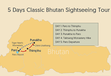 5 Days Classic Bhutan Sightseeing Tour Map