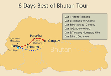 6 Days Best of Bhutan Tour Map