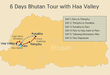 6 Days Bhutan Tour with Haa Valley Travel Map