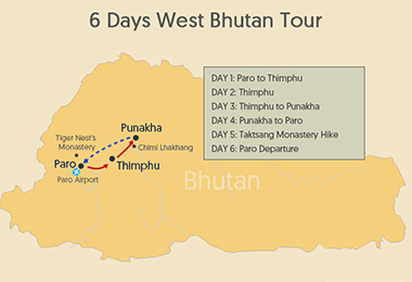 6 Days Bhutan Western Tour Map