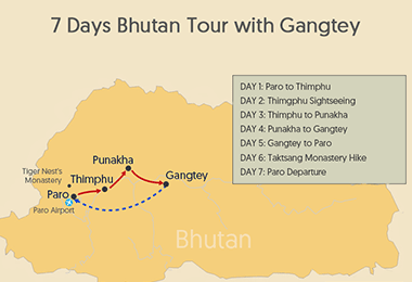 7 Days Bhutan Gangtey Tour Map