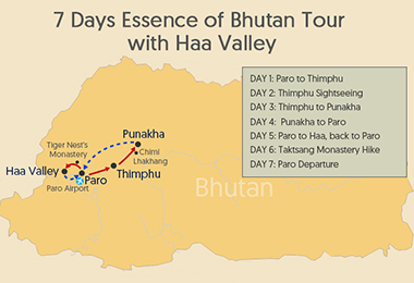 7 Days Essence of Bhutan Tour with Haa Valley Map