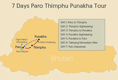 7 Days Bhutan Highlight Tour Map