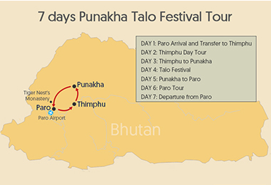 7 days Punakha Talo Festival Tour Map