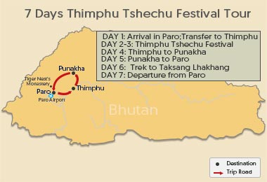 7 Days Thimphu Tshechu Festival Tour Map