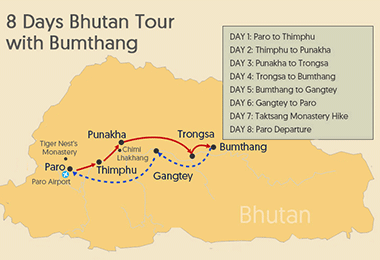 8 Days Bhutan Bumthang Tour Map