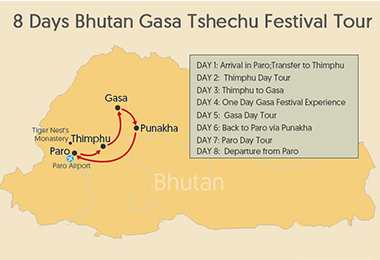 8 Days Bhutan Gasa Tshechu Festival Tour Map