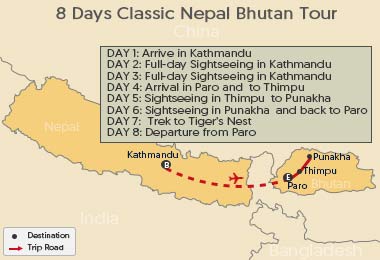 8 Days Classic Nepal Bhutan Tour Map