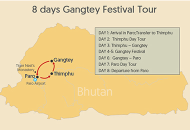 8 days Gangtey Festival Tour Map