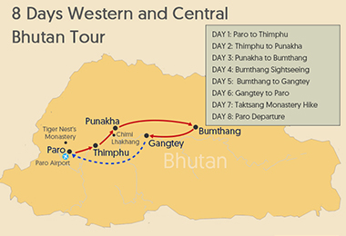 8 Days Western and Central Bhutan Tour Map