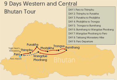 9 Days In-depth Tour from Western to Central Bhutan Map