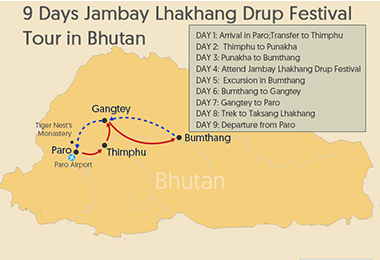 9 Days Jambay Lhakhang Drup Festival Tour in Bhutan Map