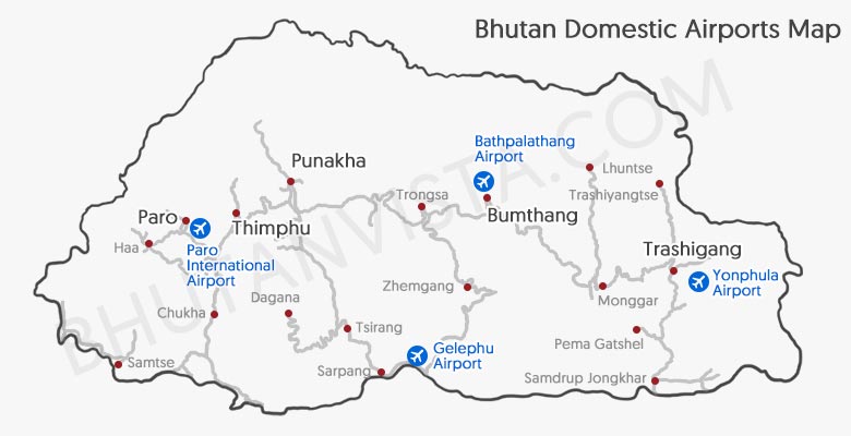 Bhutan Domestic Airports Map