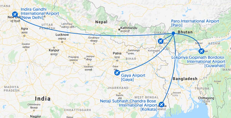 India to Bhutan Flight Map