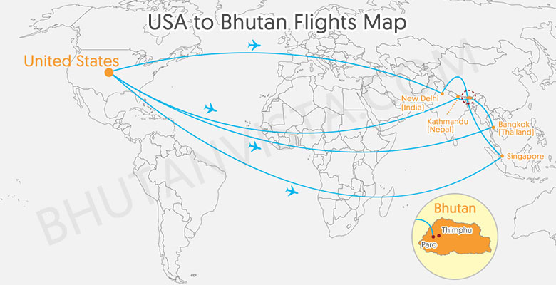 USA to Bhutan Flight Route Map