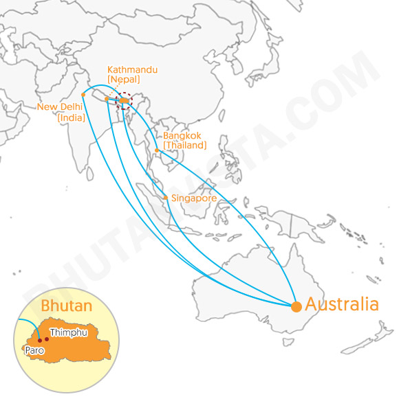 Australia to Bhutan Travel Map