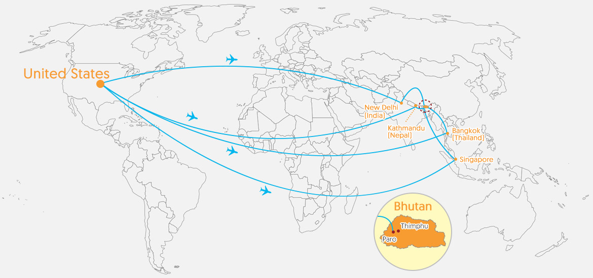 USA to Bhutan Flight Map